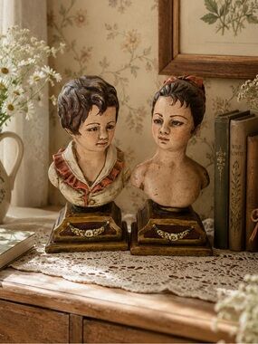 Vintage Victorian Chalkware Boy & Girl Bust Bookends - Hand-Painted